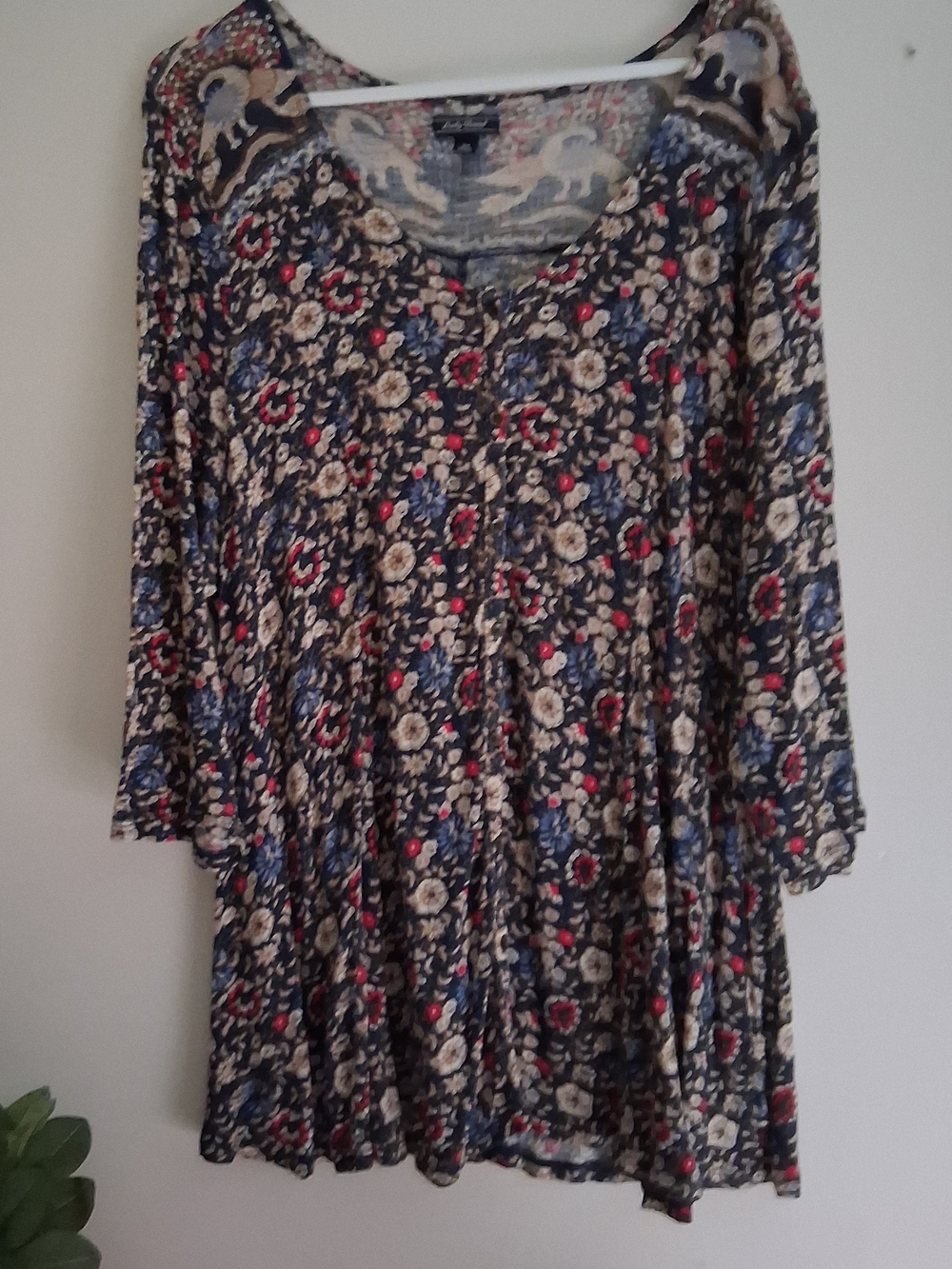Lucky Brand Navy Floral Scoop-Neck Tunic with Cream and Red Accents